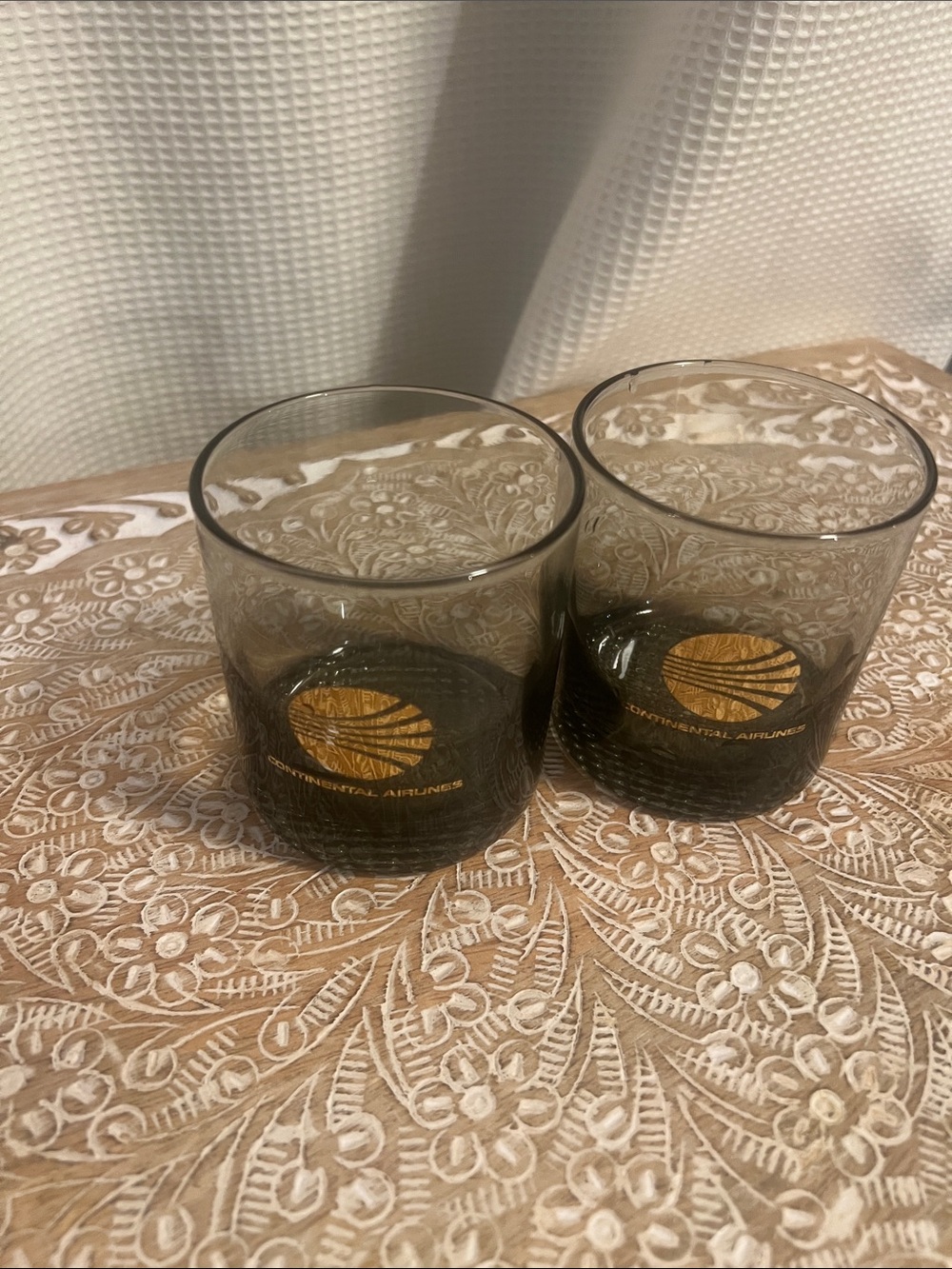 Continental Airlines Branded Smoky Glass Tumblers (Set of 2) Antique Rare